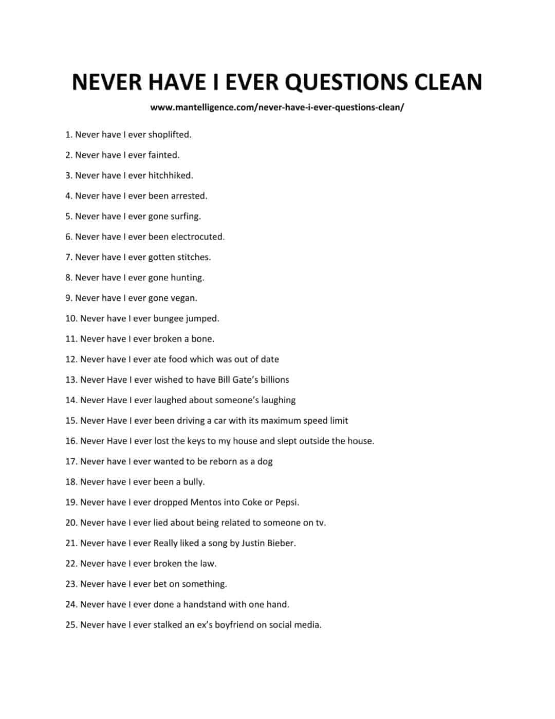 116 Best Never Have I Ever Questions Clean Create Fun 