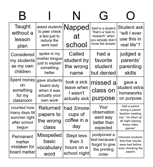 Never Have I Ever Teachers Version Bingo Card